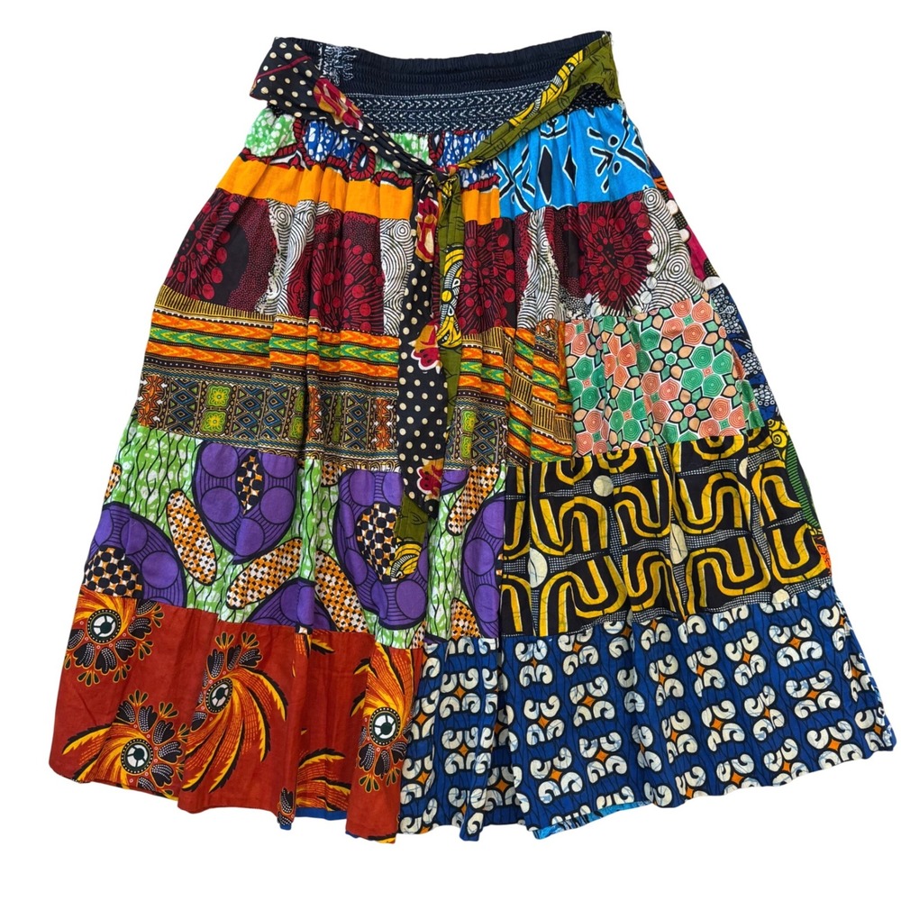 Jackpot Patchwork Cotton Midi Skirt Boho Tiered Mixed Print Free Size Colorful